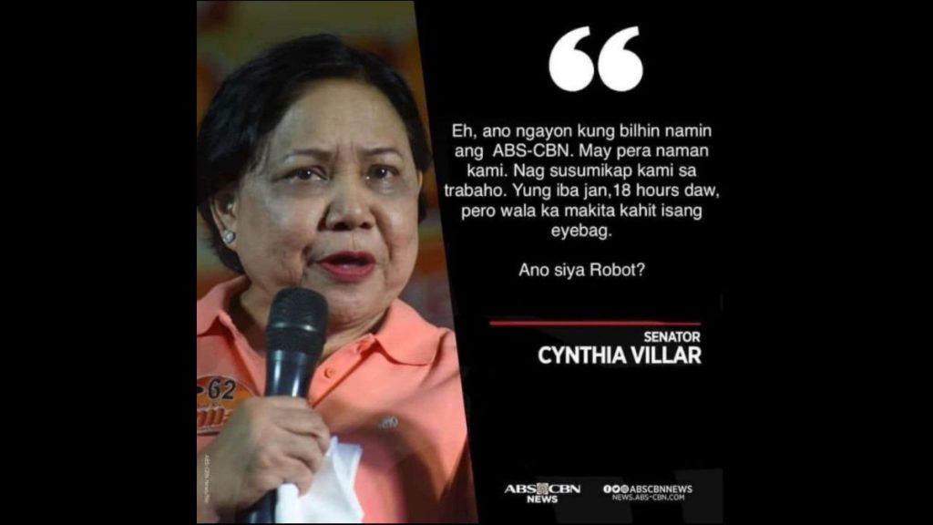 Supposed Cynthia Villar quote on ABS-CBN, eye bags is fake